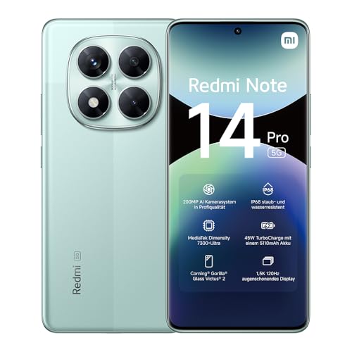 Xiaomi Redmi Note 14 Pro 5G Smartphone, 8 + 256GB, Green, 200MP professionelle AI-Kamera, IP68, 45W TurboCharge mit 5110mAh Akku, AI-Funktionen (kein Ladegerät enthalten) von Xiaomi