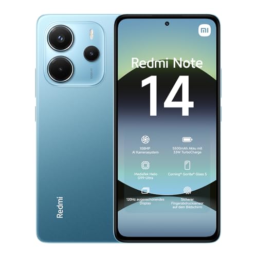 Xiaomi Redmi Note 14 Smartphone, 8 + 256GB, Blue, 108MP AI-Kamerasystem, 5500mAh Akku, 120Hz Augenschutzdisplay, AI-Funktionen (kein Ladegerät enthalten) von Xiaomi