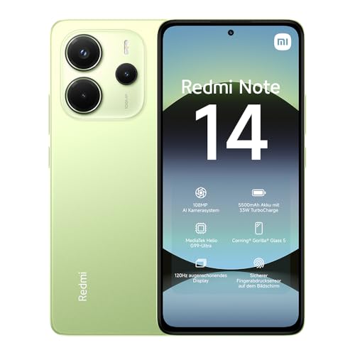 Xiaomi Redmi Note 14 Smartphone, 8 + 256GB, Green, 108MP AI-Kamerasystem, 5500mAh Akku, 120Hz Augenschutzdisplay, AI-Funktionen (kein Ladegerät enthalten) von Xiaomi