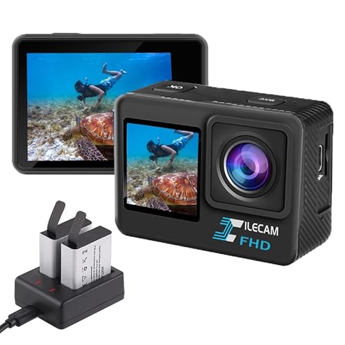 Xilecam Dual Screen Action Cam 1080P /WiFi wasserdichte Kamera, 4 x Zoom, 131 Fuß (40 m), wasserdichte Unterwasserkamera mit 2 x 1050 mAh Akku und Multifunktionalem Zubehör(L300) von Xilecam
