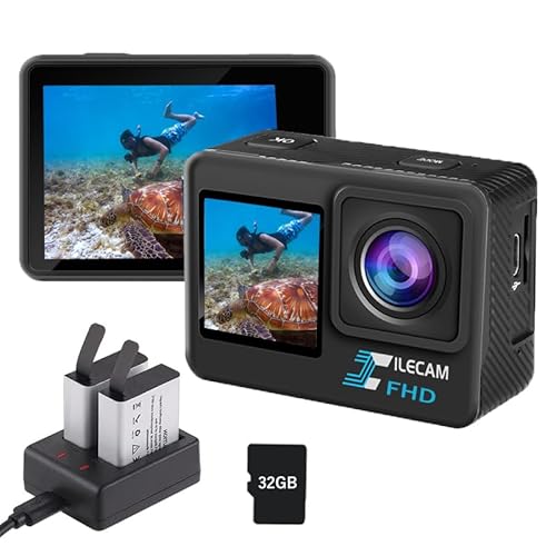 Xilecam Dual Screen Action Cam 1080P 32 GB Karte wasserdichte Kamera, 4 x Zoom, 131 Fuß (40 m), wasserdichte Unterwasserkamera mit 2 x 1050 mAh Akku und Multifunktionalem Zubehör(L300) von Xilecam