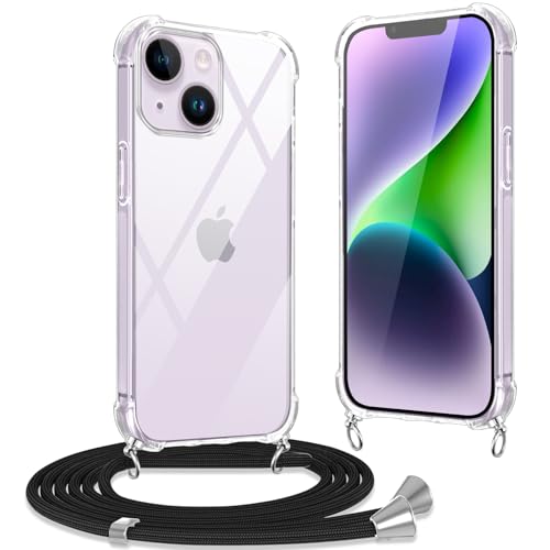 Xiltlly Handykette Hülle für iPhone 14 Plus mit Band, Transparent TPU Silikon Handyhülle mit Kordel, Durchsichtig Anti-Fall Schutzhülle mit Kette zum Umhängen für iPhone 14Plus, Schwarz von Xiltlly
