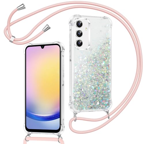 Xiltlly Handykette für Samsung Galaxy A25 Hülle mit Band, Glitzer Flüssig Durchsichtig Transparent Silikon Handyhülle mit Kette Kordel zum Umhängen Necklace Stoßfest Kratzfest Schutzhülle, Silber von Xiltlly
