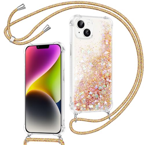 Xiltlly Handykette für iPhone 14/iPhone 13 Hülle mit Band, Glitzer Flüssig Durchsichtig Transparent Silikon Handyhülle mit Kette Kordel zum Umhängen Necklace Stoßfest Kratzfest Schutzhülle, Gold Xiltlly Handykette für iPhone 14/iPhone 13 Hülle mit Band, Glitzer Flüssig Durchsichtig Transparent Silikon Handyhülle mit Kette Kordel zum Umhängen Necklace Stoßfest Kratzfest Schutzhülle, Gold von Xiltlly