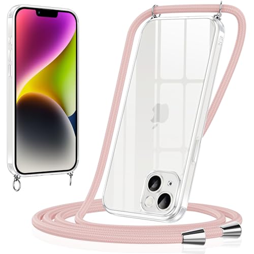 Xiltlly Handykette für iPhone 14 Plus Hülle mit Band Kette Handyhülle Dünn Weich TPU Silikon Transparent zum Umhängen Stoßfest mit Kordel Necklace Schnur Schutzhülle Bumper Case für iPhone 14Plus,Rosa von Xiltlly