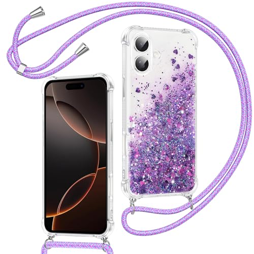 Xiltlly Handykette für iPhone 16 Hülle mit Band, Glitzer Flüssig Durchsichtig Transparent Silikon Handyhülle mit Kette Kordel zum Umhängen Necklace Stoßfest Kratzfest Schutzhülle, Violett Xiltlly Handykette für iPhone 16 Hülle mit Band, Glitzer Flüssig Durchsichtig Transparent Silikon Handyhülle mit Kette Kordel zum Umhängen Necklace Stoßfest Kratzfest Schutzhülle, Violett von Xiltlly