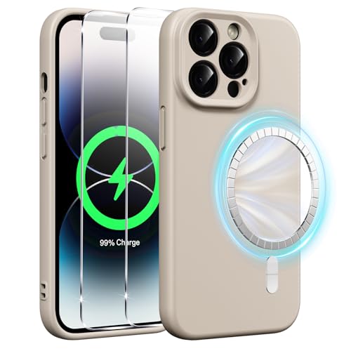 Xiltlly Magnetisch Silikon Hülle für iPhone 14 Pro 6,1 Zoll mit 2 Stück Schutzfolie, Kompatibel mit MagSafe, Stoßfeste Kratzfeste Handyhülle für iPhone 14 Pro, Grau von Xiltlly