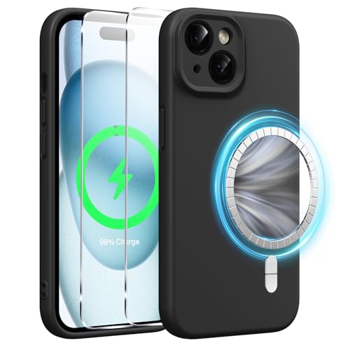 Xiltlly Magnetisch Silikon Hülle für iPhone 15 6,1 Zoll mit 2 Stück Schutzfolie, Kompatibel mit MagSafe, Stoßfeste Kratzfeste Handyhülle für iPhone 15, Schwarz von Xiltlly