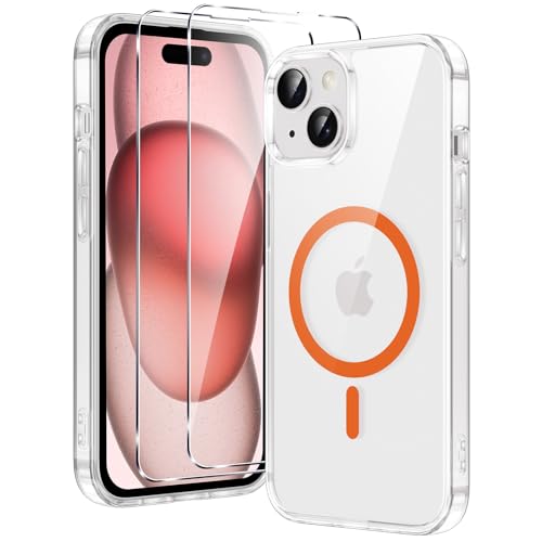 Xiltlly für iPhone 15 Hülle, Magnetisch Handyhülle mit 2 Schutzfolie, Kompatibel mit MagSafe, TPU Stoßfeste Kratzfeste Schutzhülle für iPhone 15, Klar-Orange Xiltlly für iPhone 15 Hülle, Magnetisch Handyhülle mit 2 Schutzfolie, Kompatibel mit MagSafe, TPU Stoßfeste Kratzfeste Schutzhülle für iPhone 15, Klar-Orange von Xiltlly