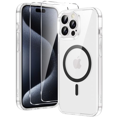 Xiltlly für iPhone 15 Pro Hülle, Magnetisch Handyhülle mit 2 Schutzfolie, Kompatibel mit MagSafe, TPU Stoßfeste Kratzfeste Schutzhülle für iPhone 15 Pro, Klar-Schwarz von Xiltlly