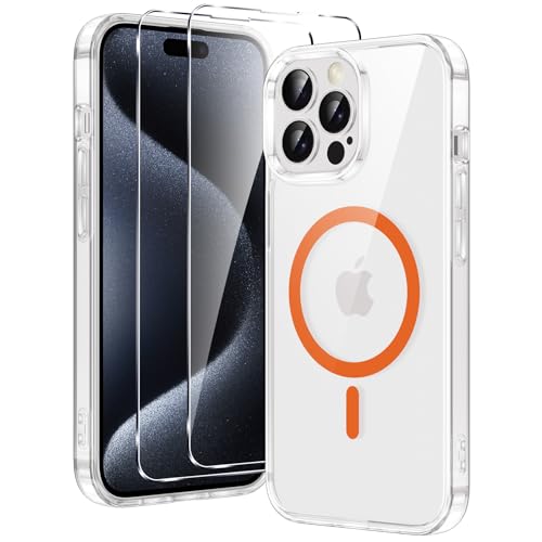 Xiltlly für iPhone 15 Pro Hülle, Magnetisch Handyhülle mit 2 Schutzfolie, Kompatibel mit MagSafe, TPU Stoßfeste Kratzfeste Schutzhülle für iPhone 15 Pro, Klar-orange Xiltlly für iPhone 15 Pro Hülle, Magnetisch Handyhülle mit 2 Schutzfolie, Kompatibel mit MagSafe, TPU Stoßfeste Kratzfeste Schutzhülle für iPhone 15 Pro, Klar-orange von Xiltlly