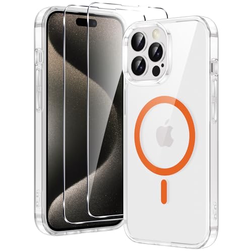 Xiltlly für iPhone 15 Pro Max Hülle, Magnetisch Handyhülle mit 2 Schutzfolie, Kompatibel mit MagSafe, TPU Stoßfeste Kratzfeste Schutzhülle für iPhone 15 Pro Max, Transparent-orange Xiltlly für iPhone 15 Pro Max Hülle, Magnetisch Handyhülle mit 2 Schutzfolie, Kompatibel mit MagSafe, TPU Stoßfeste Kratzfeste Schutzhülle für iPhone 15 Pro Max, Transparent-orange von Xiltlly
