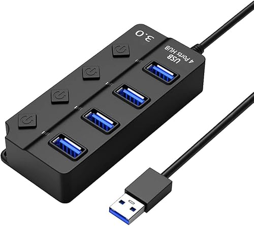 USB 3.0 Hub USB Splitter Multi USB Anschluss mit separatem Schalter und LED-Anzeigen, 4 USB 3.0 Hub Stromversorgung für schnelle Datenübertragung & Aufladen von Xingdianfu