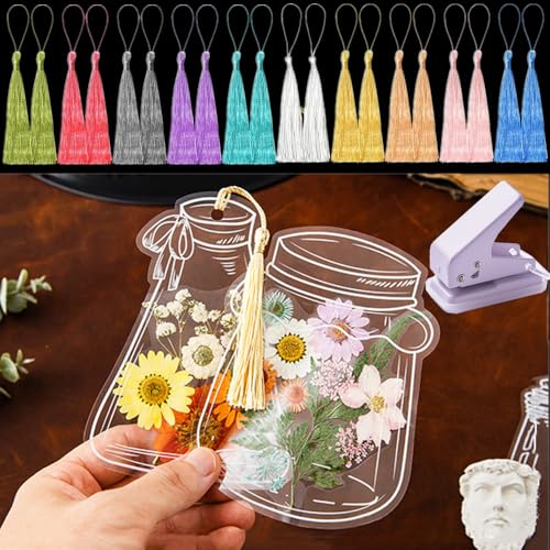 1 x Stanzer + 20 x Quasten, zum Selbermachen, getrocknete Blumen, Lesezeichen-Set, handgefertigt, transparent, gepresste Blumen, Lesezeichen-Set, personalisiertes Handwerk (Stanz+Quasten, 20 + 1 Stück 1 x Stanzer + 20 x Quasten, zum Selbermachen, getrocknete Blumen, Lesezeichen-Set, handgefertigt, transparent, gepresste Blumen, Lesezeichen-Set, personalisiertes Handwerk (Stanz+Quasten, 20 + 1 Stück von Xinhelan