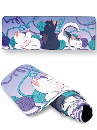 Gaming Mauspad XXL Cartoon Katze Mousepad Groß 900x400x3mm Verlängertes Großes Schreibtischauflage mit rutschfeste Basis und genähte Kante für PC, Laptop von Xinyuer