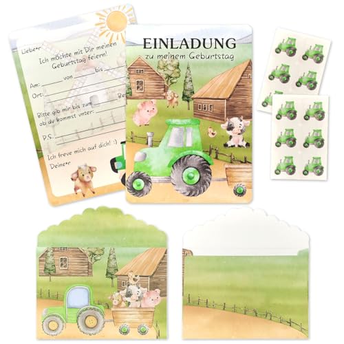 12× Traktor Einladungskarten Kindergeburtstag,mit Umschlägen & Stickern,Einladungen zum Kindergeburtstag Traktor,Einladungskarten Kindergeburtstag Junge,für Mädchen und Jungen Geburtstagseinladungen von Xionghonglong