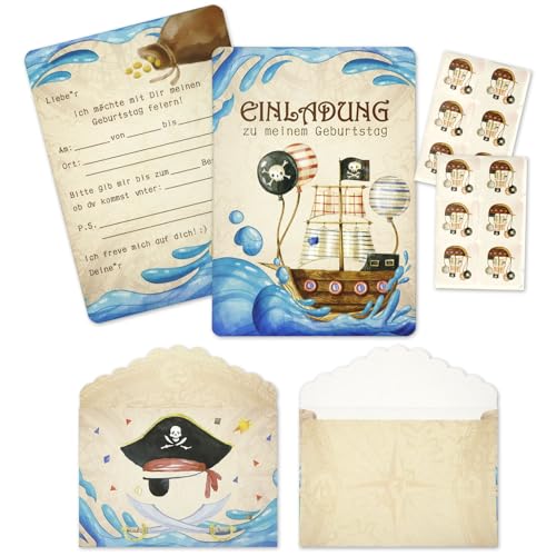 Xionghonglong 12x Piraten Einladungskarten Kindergeburtstag,mit Umschlägen & Stickern,Piraten Geburtstag Einladung, Kindergeburtstag Partyeinladungen,für Mädchen und Jungen Geburtstagseinladungen von Xionghonglong