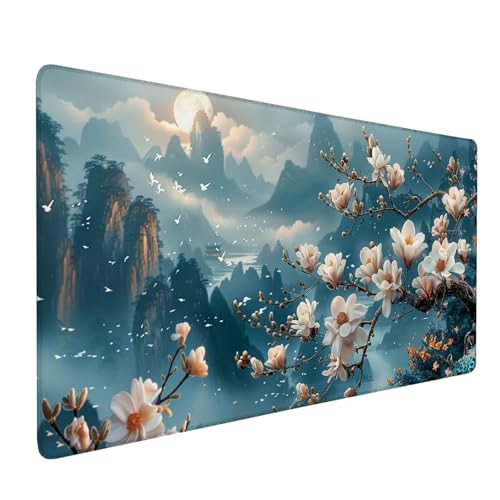 Mauspad Blau, Mousepad Magnolie Große Schreibtischunterlage 700x300mm Mousepad XXL mit Fransenfreie Ränder Gaming Mauspad, Wasserdicht rutschfeste Desk Mat für Büro Heim Computer Mouse Pad J1-318 von Xjaopfei