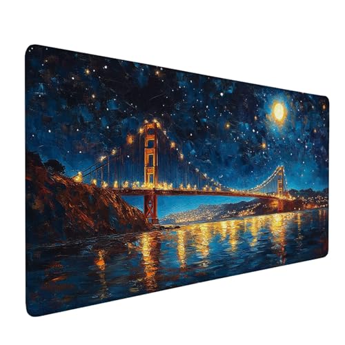 Mauspad Blau Mousepad Brücke Große Schreibtischunterlage 900x400mm Mousepad XXL mit Fransenfreie Ränder Gaming Mauspad,Wasserdicht rutschfeste Desk Mat für Büro Heim Mouse Pad,Frauen Geschenke J1-144 von Xjaopfei