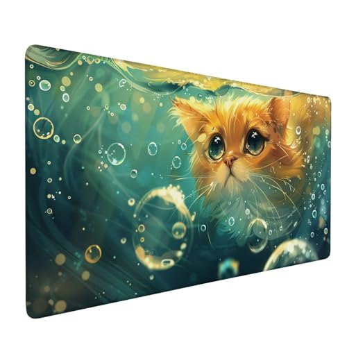 Mauspad Blau Mousepad Katze Große Schreibtischunterlage 800x400mm Mousepad XXL mit Fransenfreie Ränder Gaming Mauspad, Wasserdicht Rutschfeste Desk Mat für Büro Heim Mouse Pad, Frauen Geschenke J1-364 von Xjaopfei