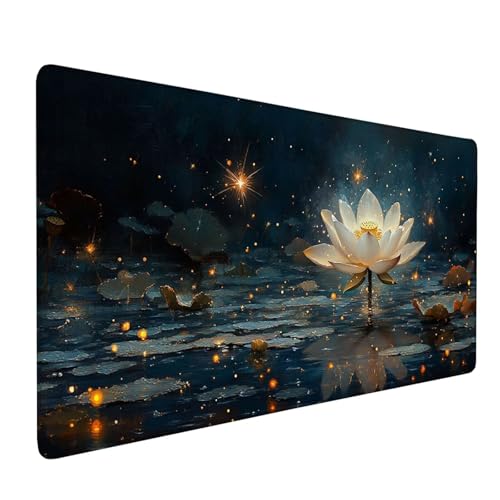 Mauspad Blau Mousepad Lotus Große Schreibtischunterlage 1000x500mm Mousepad XXL mit Fransenfreie Ränder Gaming Mauspad, Wasserdicht Rutschfeste Desk Mat für Büro Heim Mouse Pad, Frauen Geschenke J1-90 von Xjaopfei