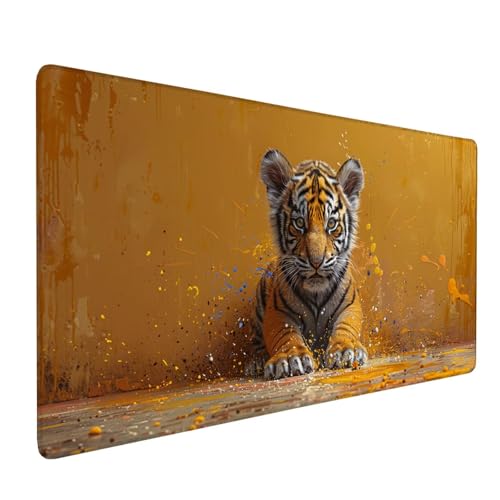 Mauspad Gelb Mousepad Tiger Große Schreibtischunterlage 900x400mm Mousepad XXL mit Fransenfreie Ränder Gaming Mauspad, Wasserdicht Rutschfeste Desk Mat für Büro Heim Mouse Pad, Frauen Geschenke J1-358 von Xjaopfei