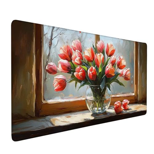 Mauspad Grün Mousepad Tulpe Große Schreibtischunterlage 900x500mm Mousepad XXL mit Fransenfreie Ränder Gaming Mauspad, Wasserdicht Rutschfeste Desk Mat für Büro Heim Mouse Pad, Frauen Geschenke J1-332 von Xjaopfei