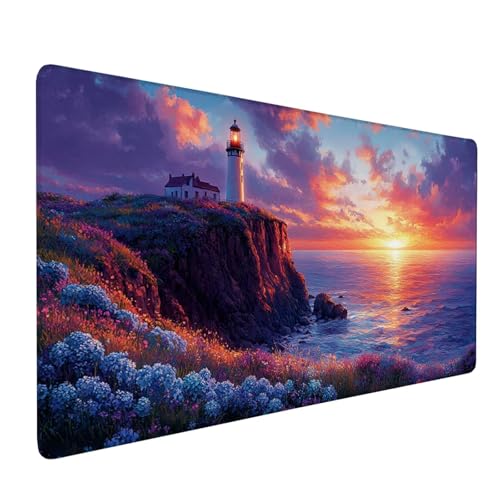 Mauspad Lila, Mousepad Leuchtturm Große Schreibtischunterlage 1200x400mm Mousepad XXL mit Fransenfreie Ränder Gaming Mauspad, Wasserdicht rutschfeste Desk Mat für Büro Heim Computer Mouse Pad J1-14 von Xjaopfei