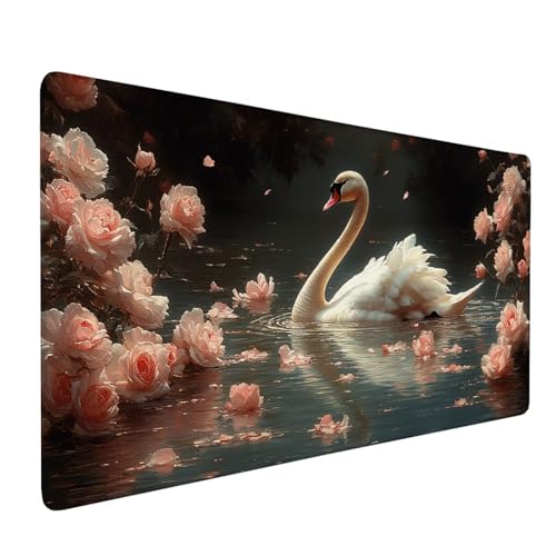 Mauspad Schwarz, Mousepad Schwan Große Schreibtischunterlage 900x400mm Mousepad XXL mit Fransenfreie Ränder Gaming Mauspad, Wasserdicht rutschfeste Desk Mat für Büro Heim Computer Mouse Pad J1-200 von Xjaopfei