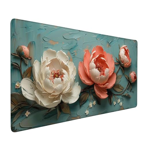 Mauspad Weiß, Mousepad Pfingstrose Große Schreibtischunterlage 700x300mm Mousepad XXL mit Fransenfreie Ränder Gaming Mauspad, Wasserdicht rutschfeste Desk Mat für Büro Heim Computer Mouse Pad J1-282 von Xjaopfei