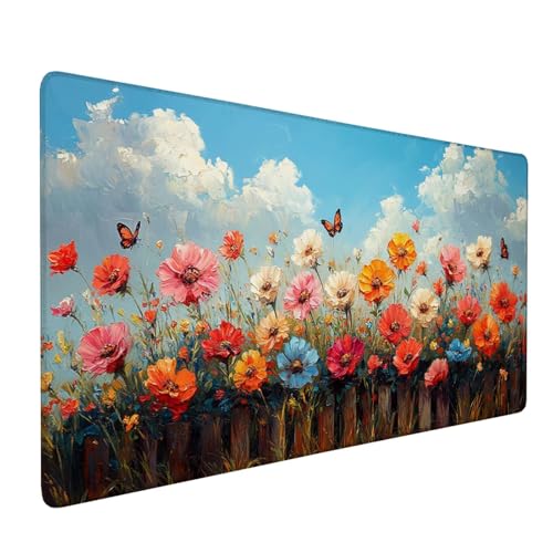 Mauspad Weiß Mousepad Blume Große Schreibtischunterlage 1200x600mm Mousepad XXL mit Fransenfreie Ränder Gaming Mauspad, Wasserdicht Rutschfeste Desk Mat für Büro Heim Mouse Pad, Frauen Geschenke J1-86 von Xjaopfei