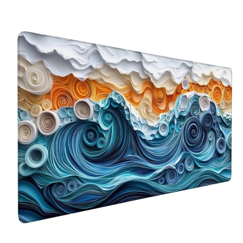 Mauspad Weiß Mousepad Welle Große Schreibtischunterlage 600x300mm Mousepad XXL mit Fransenfreie Ränder Gaming Mauspad, Wasserdicht Rutschfeste Desk Mat für Büro Heim Mouse Pad, Frauen Geschenke J1-244 von Xjaopfei