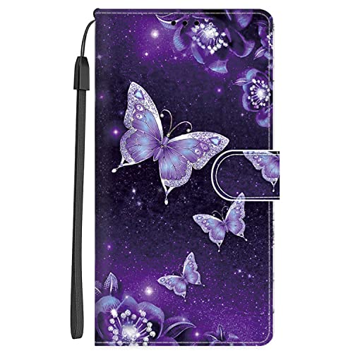 Xkladz Handyhülle für Samsung Galaxy A12 / M12 Hülle PU Leder Klappbar Schutzhülle Wallet Tasche Etui Muster Motiv Flip Schutzhülle Stoßfeste Case Cover Klapphülle, Lila Schmetterling von Xkladz