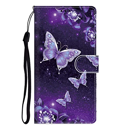 Xkladz Handyhülle für Samsung Galaxy A23 / M23 5G / M13 4G Hülle PU Leder Klapphülle Klappbar Schutzhülle Handytasche mit Muster Motiv Stoßfeste Brieftasche Flip Case Silikon Cover, Lila Schmetterling von Xkladz