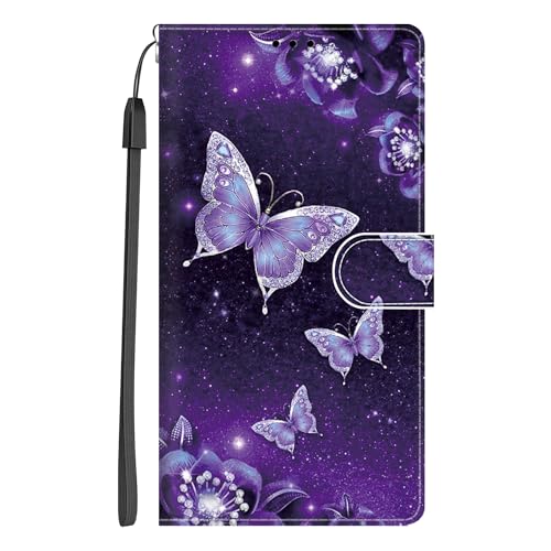 Xkladz Handyhülle für Samsung Galaxy A55 5G Hülle PU Leder Klapphülle Klappbar Schutzhülle Handytasche mit Muster Motiv Kartenfach Stoßfeste Brieftasche Flip Case Silikon Cover, Lila Schmetterling von Xkladz