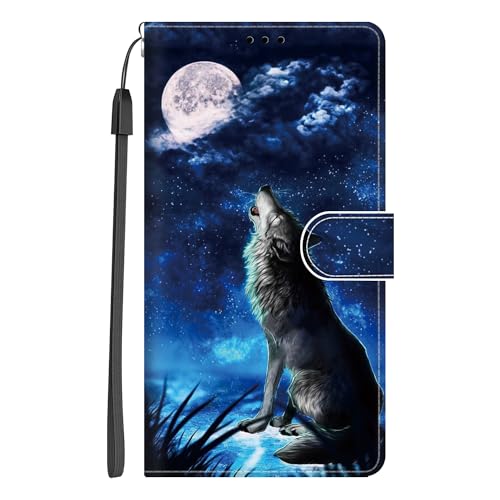 Xkladz Handyhülle für iPhone 15 Hülle PU Leder Klapphülle Klappbar Schutzhülle Handytasche mit Muster Motiv Kartenfach Stoßfeste Brieftasche Flip Case für Mädchen Junge Silikon Cover, Blau Wolf von Xkladz