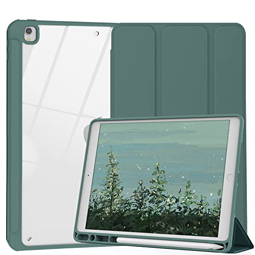 Xkladz Kompatibel mit Hülle iPad Air 2 & Air 1 Hülle, für iPad 6. / 5. Generation Hülle 2018/2017, Ständer Clear Back Cover Case mit Stifthalter, Auto Sleep/Wake, Dunkelgrün von Xkladz
