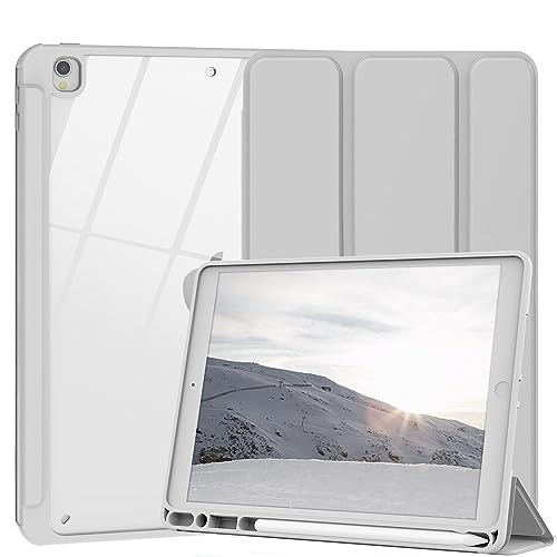 Xkladz Kompatibel mit Hülle iPad Air 2 & Air 1 Hülle, für iPad 6. / 5. Generation Hülle 2018/2017, Ständer Clear Back Cover Case mit Stifthalter, Auto Sleep/Wake, Grau Weiß von Xkladz