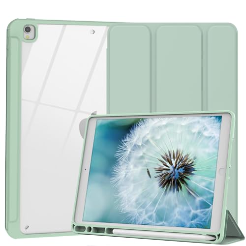 Xkladz Kompatibel mit Hülle iPad Air 2 & Air 1 Hülle, für iPad 6. / 5. Generation Hülle 2018/2017, Ständer Clear Back Cover Case mit Stifthalter, Auto Sleep/Wake, Hellgrün von Xkladz