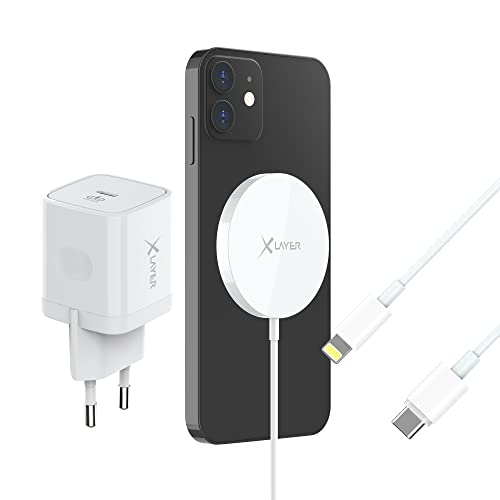 XLayer MagFix Pro Wireless Charging Starter Set | Magsafe Ladegerät | 20W Netzteil mit USB-C auf Lightning Kabel | schnelles Laden für iPhone 15/14/13/12 Pro 3 Teilig Ladepad Magnetisch Induktiv von Xlayer