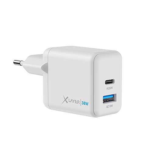 XLayer Powercharger USB-C Schnellladegerät I 38W PD I 2-Port I Netzteil kompatibel mit MacBook Pro/Air, iPhone 15 Pro Max/15/14 Pro Max/14/13, iPad Pro, Galaxy S23 Ultra/S22, Lenovo I weiß von Xlayer
