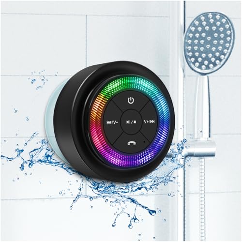 Xleader Mate Dusche Bluetooth Lautsprecher klein, Zertifiziert IPX7 Wasserdicht Bluetoothbox, Mini Music Box Lautsprecher Mit Licht, Saugnapf und Mikrofon, Kristall Sound und Bass, Musikbox Geschenk von Xleader