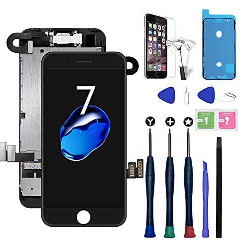 Xlhama Ersatzbildschirm Touchscreen LCD Display kompatibel für iPhone 7 Schwarz 4,7'' mit Reparaturwerkzeug, Frontkamera, Proxidationssensor, Lautsprecher, Folie aus Hartglas von Xlhama