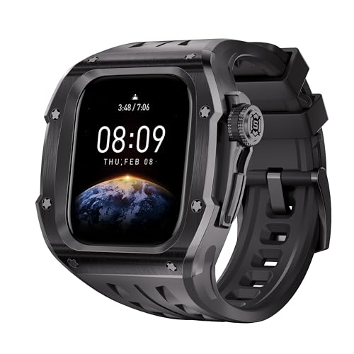 Apple Watch 9/8/7/6/SE/5/4 46 mm Gehäuse mit Band, [kratzfest] [Stoßstangenschutz] Robuste Herren-Abdeckung mit verstellbarem Armband für iWatch 9/8/7/6/SE/5/4, Apple Watch, 46 mm, Schwarz von Xmenzi