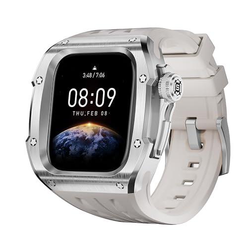 Apple Watch 9/8/7/6/SE/5/4 46 mm Gehäuse mit Band, [kratzfest] [Stoßstangenschutz] Robuste Herren-Abdeckung mit verstellbarem Armband für iWatch 9/8/7/6/SE/5/4, Apple Watch, 46 mm, Stahl, weißes von Xmenzi