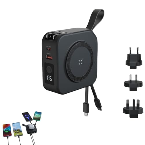 Xmipbs Travel Pro Power Bank 22.5W 5 in 1 Multifunktions Powerbank 10000mAh für Telefon mit integrierten Kabeln - Universal Reise-Powerbank mit Magnetbatterie US EU AU UK von Xmipbs