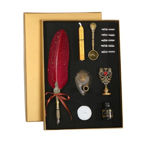 Xoeryoy Quill Pen Antique Kalligraphie Schreibset mit 5 Ersatz Nib Tintenflasche Wachs Stempel rot von Xoeryoy