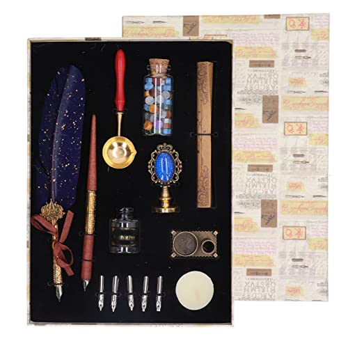 Xolsurg Stifte-Set, glänzendes Schreiben, Retro-Eleganz, Federkiel-Set mit 5 Ersatzfedern, Briefpapier, Tinte, leere Flasche, Kerze für Kalligraphie-Schreiben (Marineblau) von Xolsurg