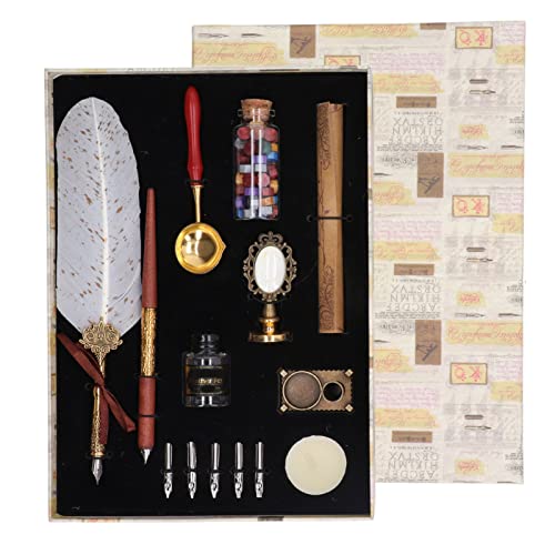 Xolsurg Stifte-Set, glänzendes Schreiben, Retro-Eleganz, Federkiel-Set mit 5 Ersatzfedern, Briefpapier, Tinte, leere Flasche, Kerze für Kalligraphie-Schreiben (Weiß) von Xolsurg
