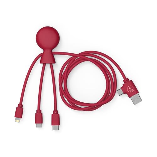 Xoopar - Mr Bio Multi-USB-Kabel 1 m lang, krakenförmig rot - universelles Ladegerät aus recyceltem Kunststoff - USB-, USB-C-, Lightning-, Micro-USB-, Smartphone-Stecker Universal von Xoopar